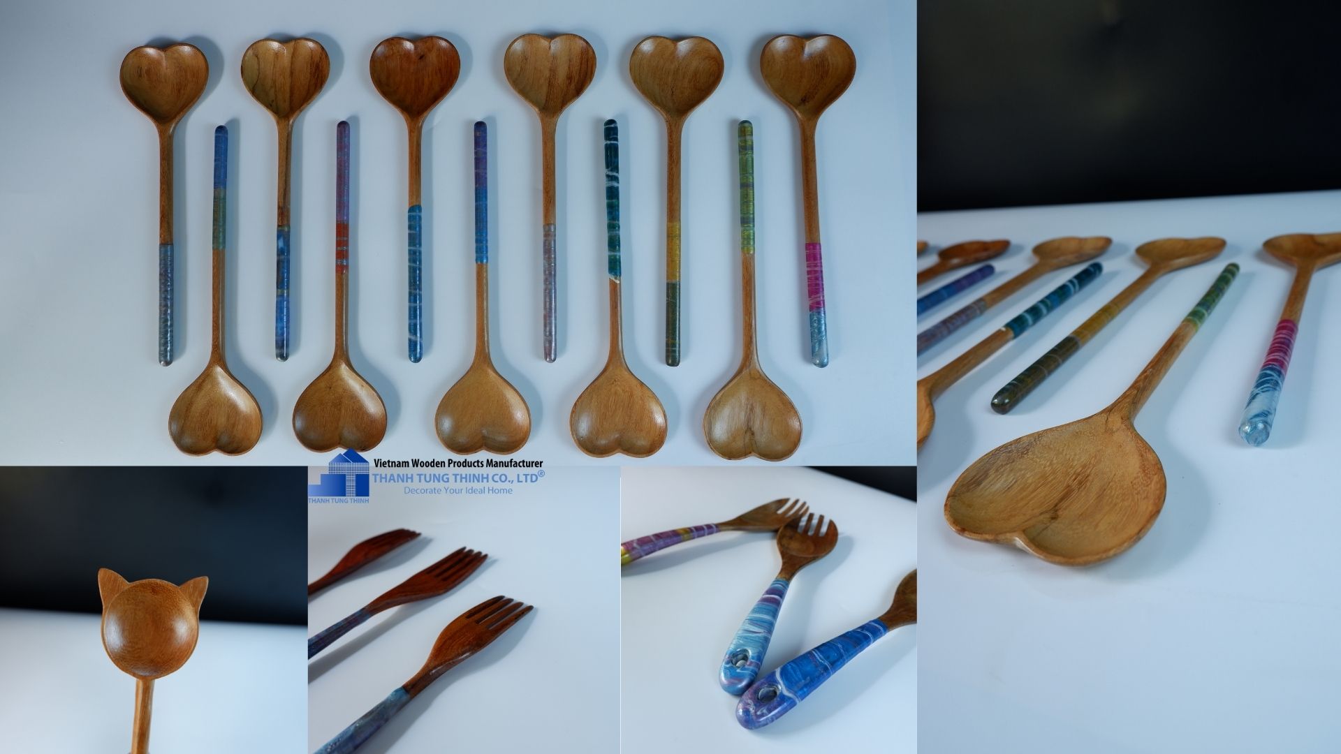 Handcrafted wooden utensils with epoxy resin accents, combining functionality with aesthetic appeal.