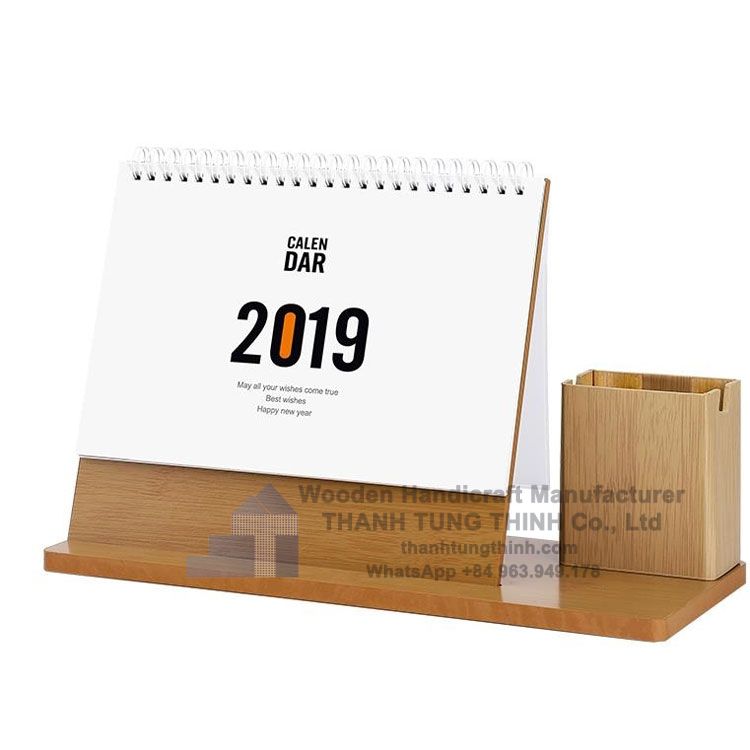 Classic Wooden Calendar With Pen Holder For Your Workplace