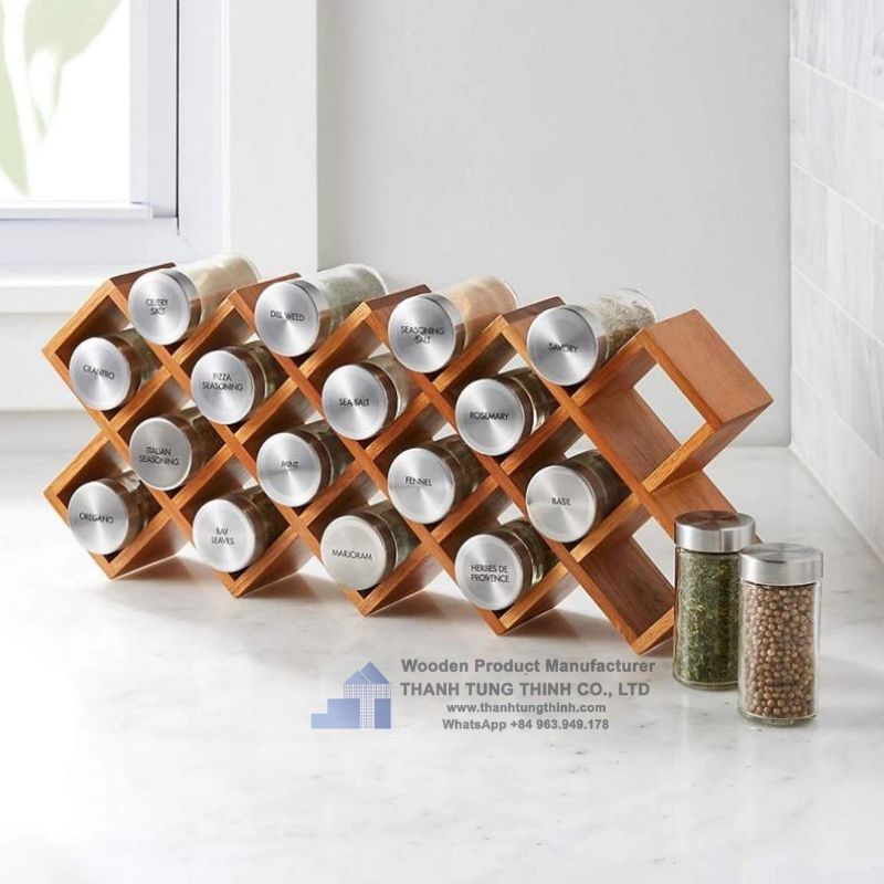 Criss-cross wooden spice rack to clean up your bottles in kitchen