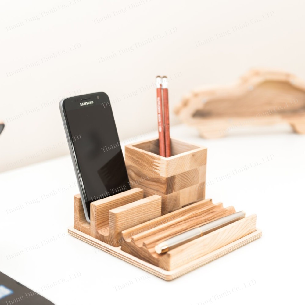 Wooden Phone Stand With Pen Holder