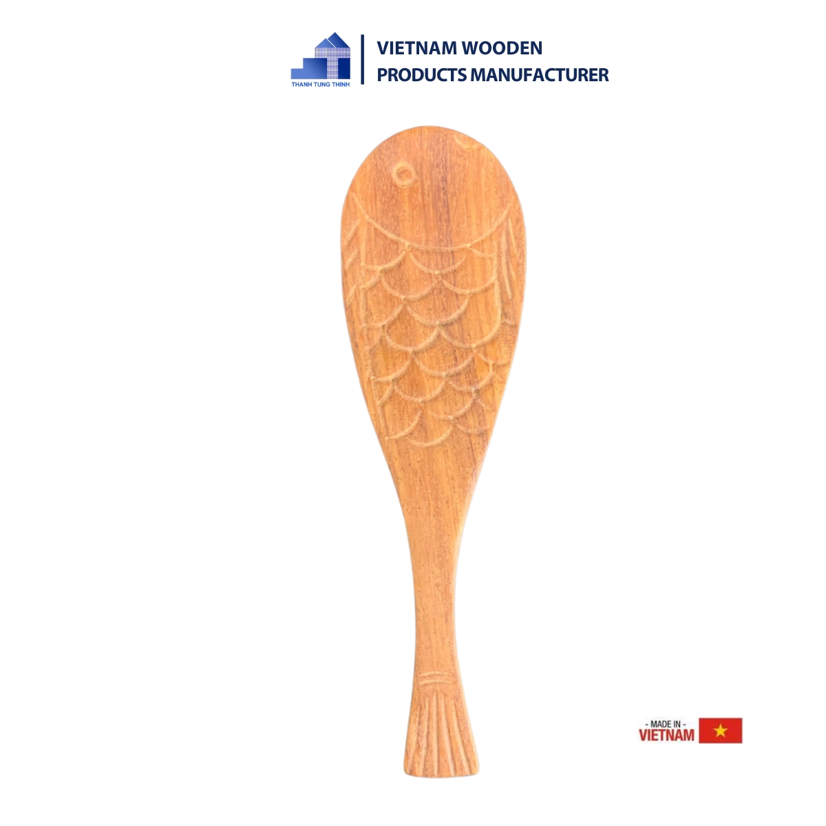 The product's rice scoop is made of wood and features a fish-shaped design