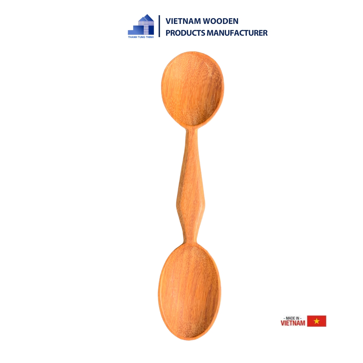 The product is a double-headed wooden spoon for children