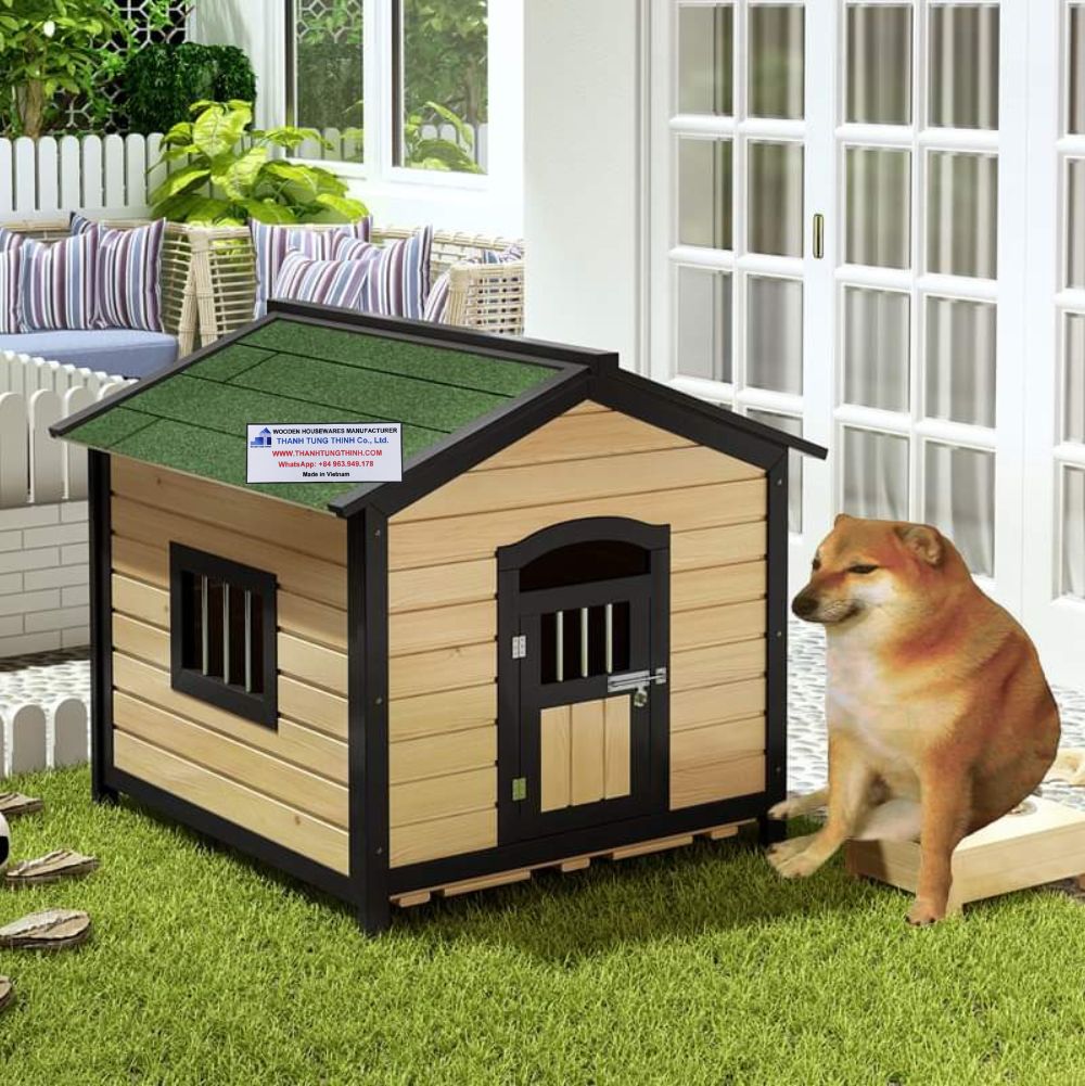 Green and Red Roof Dog House Made from Natural Wood