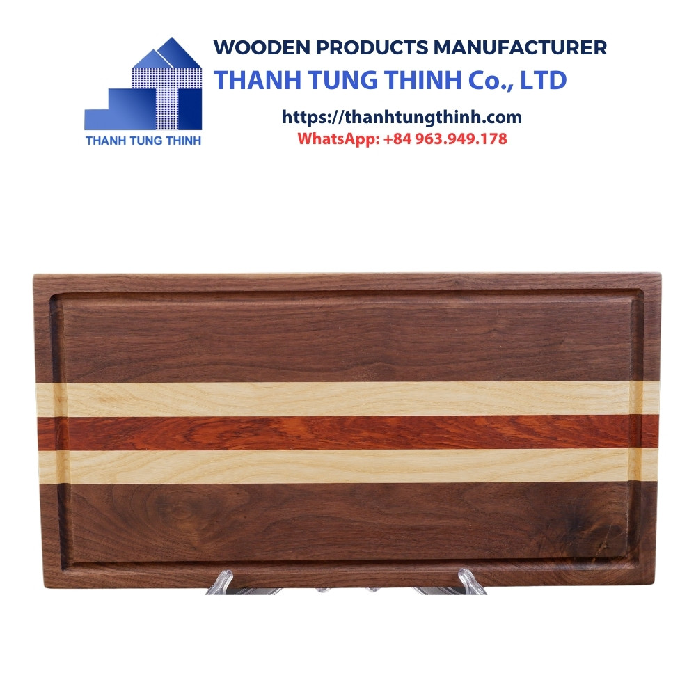 Manufacturer Wooden Cutting Board is rectangular with Red Doussie grain in the middle