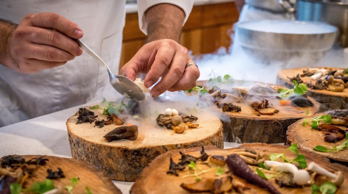 Wooden cutting board in a cozy kitchen setting
