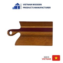 Brown rectangular wooden cutting board with a handle