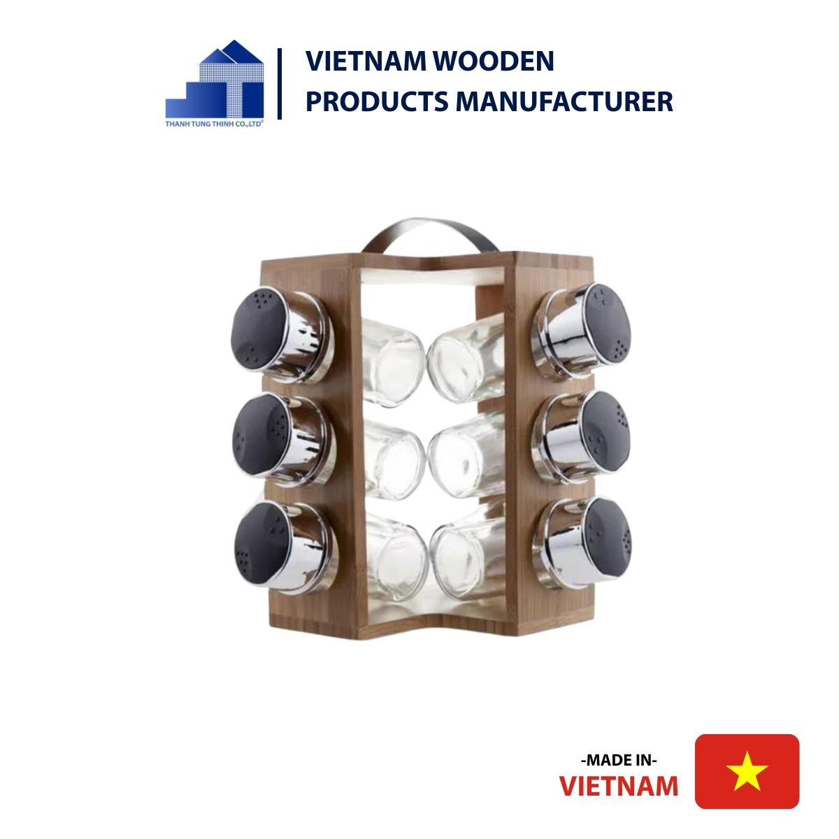 Rotating Wooden Spice Rack 6 Spice Jars