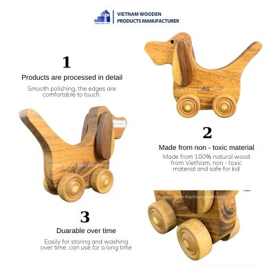 features of wooden dog toy with wheels