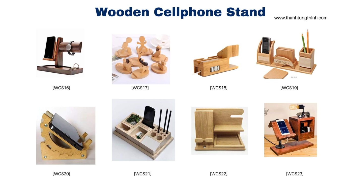 Many designs of wooden cellphone stands