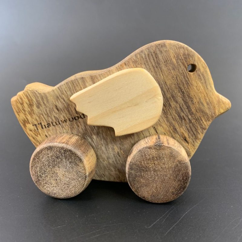 wooden chicken toy with wheels