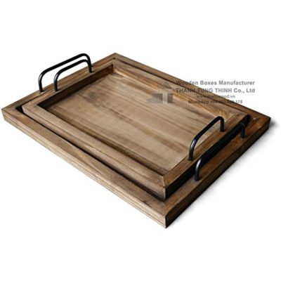 Rectangle Wooden Tray with Metal Handles