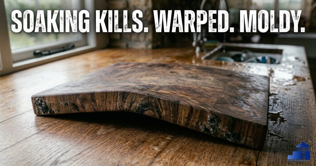 Damaged wooden cutting board with visible cracks and deep knife marks