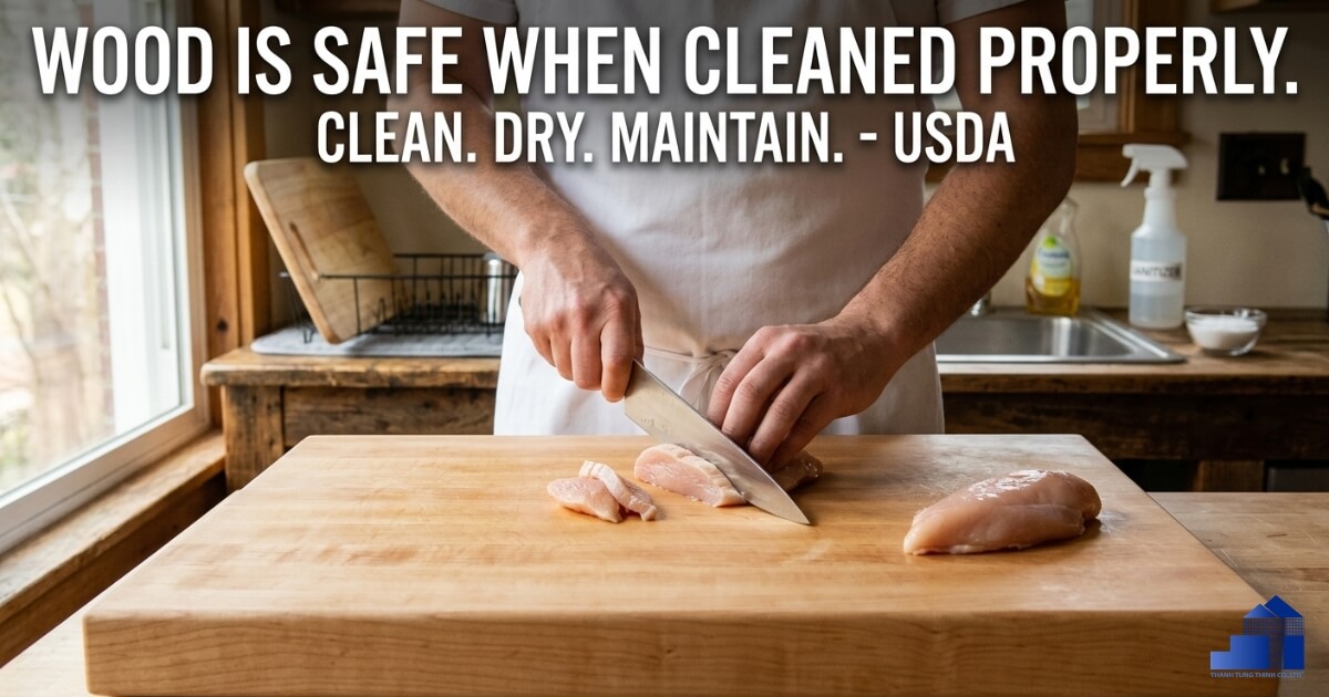 Person preparing raw meat on a clean wooden cutting board in a kitchen