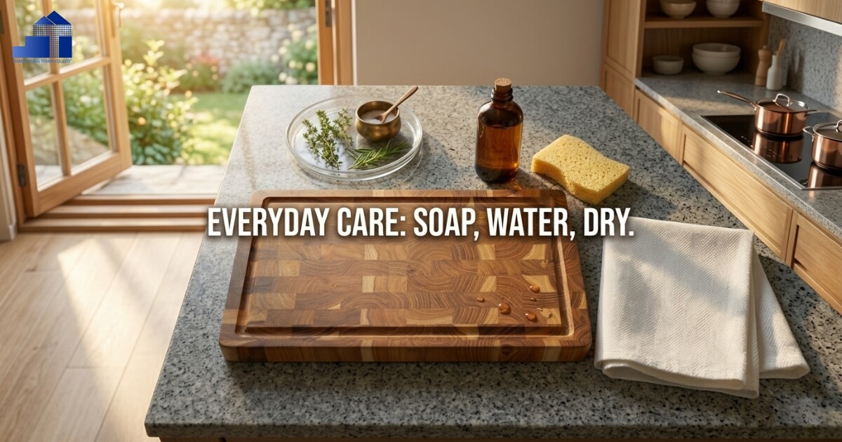 Wooden cutting board being washed with dish soap and a sponge in a kitchen sink
