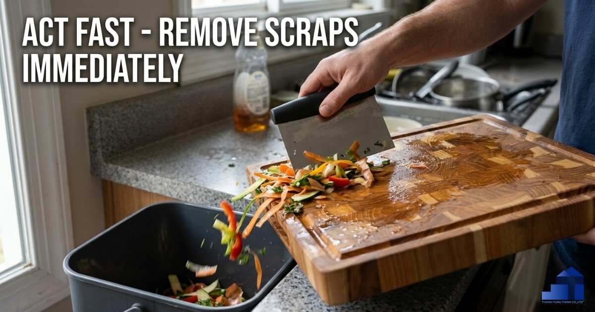 Person scraping food scraps off a wooden cutting board after food preparation