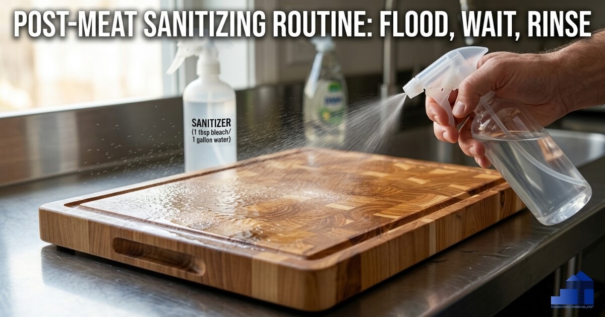 Hand spraying sanitizer solution on a wooden cutting board in a kitchen after cutting raw meat