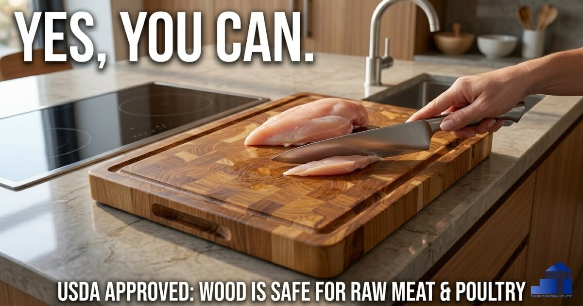 Raw meat being prepared on a clean wooden cutting board in a kitchen