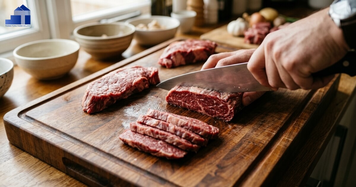 Person slicing raw beef on a wooden cutting board with a kitchen knife