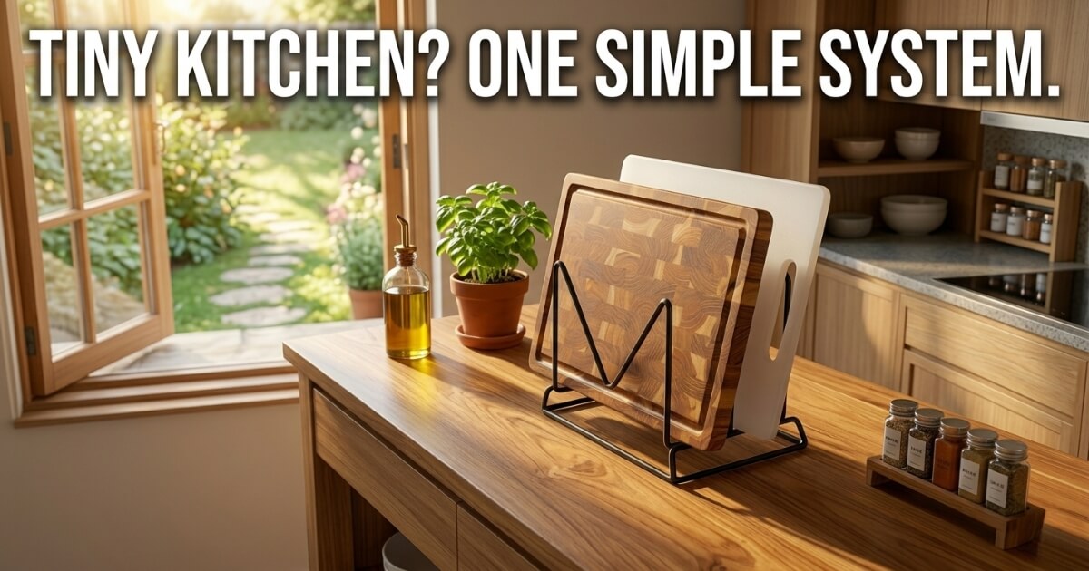 Wooden and plastic cutting boards stored vertically in a small kitchen