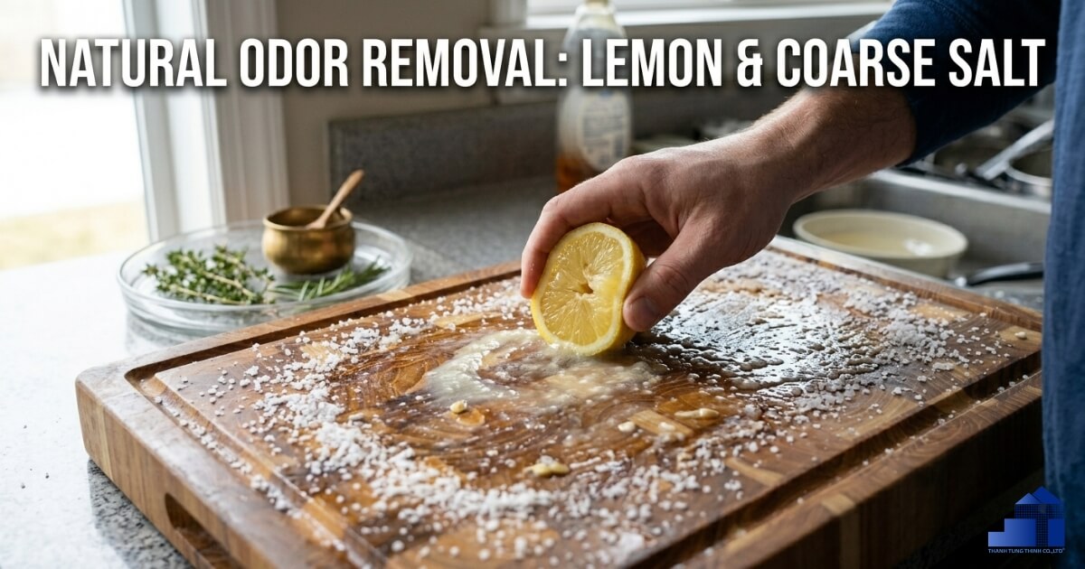 Lemon and coarse salt being used to scrub a wooden cutting board to remove food odors