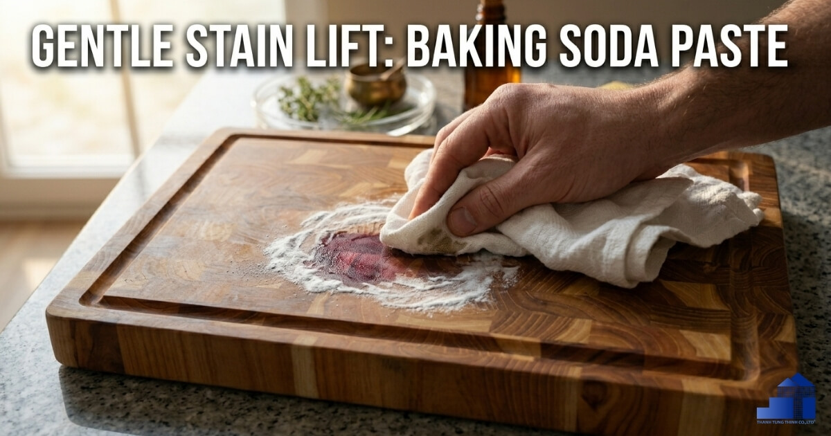 Baking soda paste being applied to a wooden cutting board to remove stains