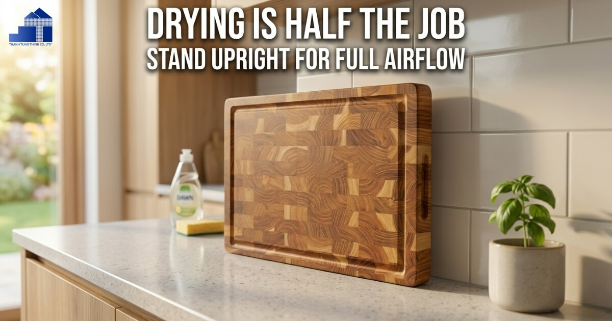 Wooden cutting board standing upright on a kitchen counter to air dry.
