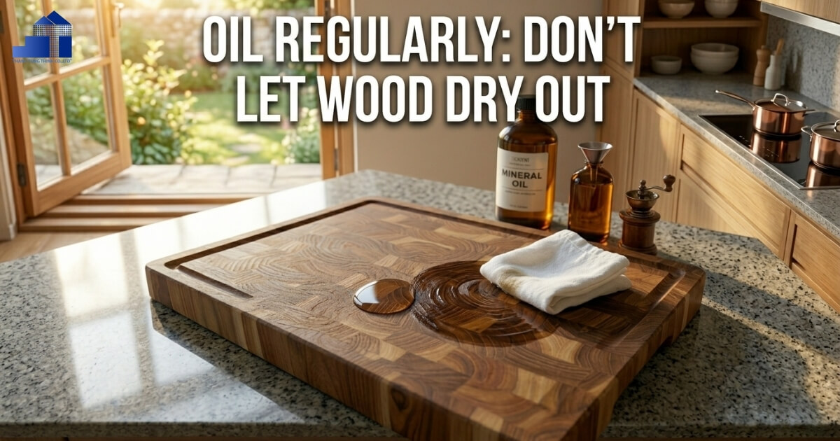 Applying food-grade mineral oil to a wooden cutting board with a cloth
