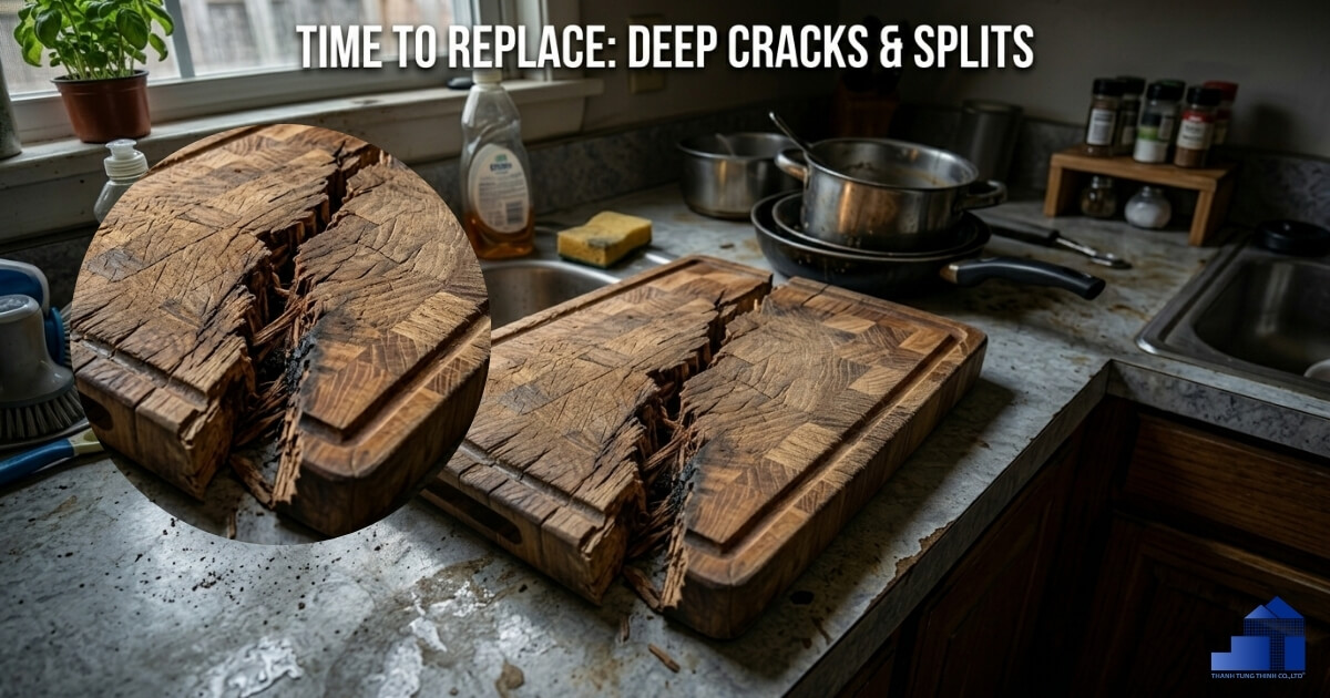 Worn wooden cutting board with deep knife grooves and visible cracks
