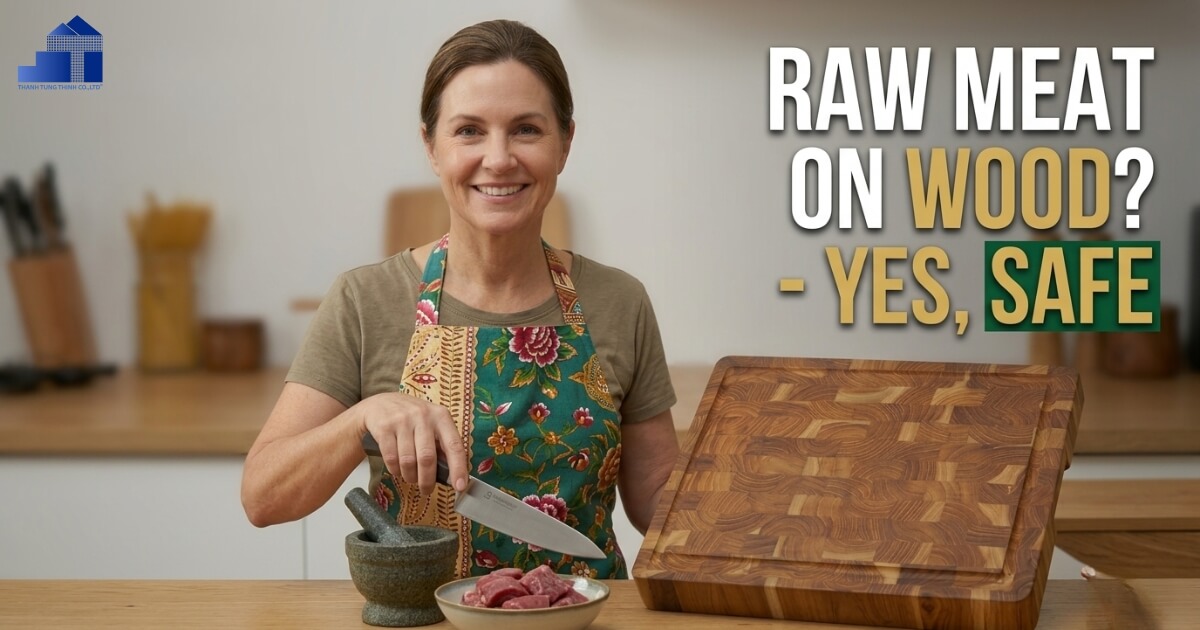 Raw meat being sliced on a wooden cutting board in a clean kitchen.