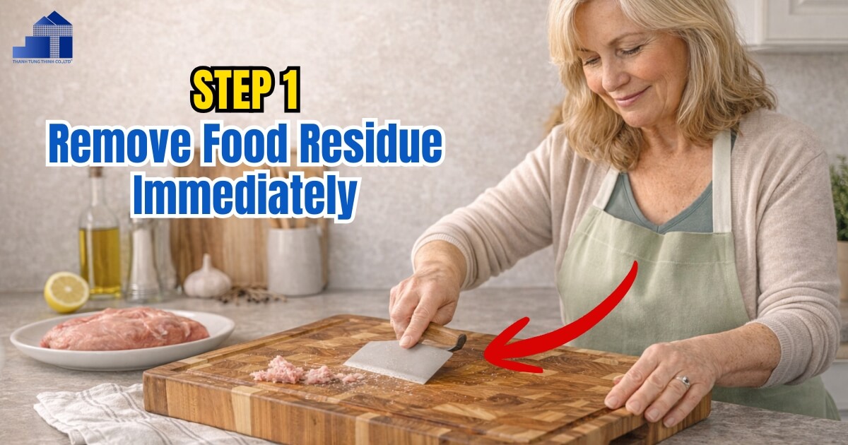 Step 1: Remove food residue immediately. Clean off meat bits and juices before they sink into the wood.