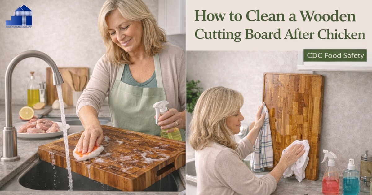 Washing and sanitizing a wooden cutting board after cutting raw chicken
