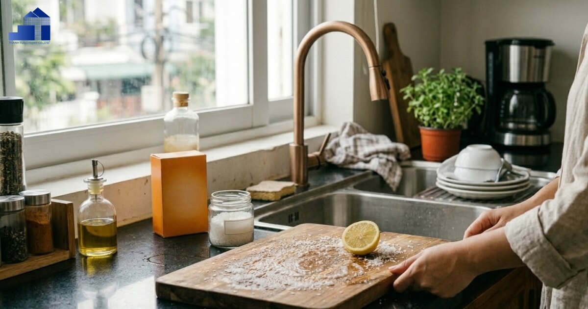 Using lemon and coarse salt to clean and deodorize a wooden cutting board