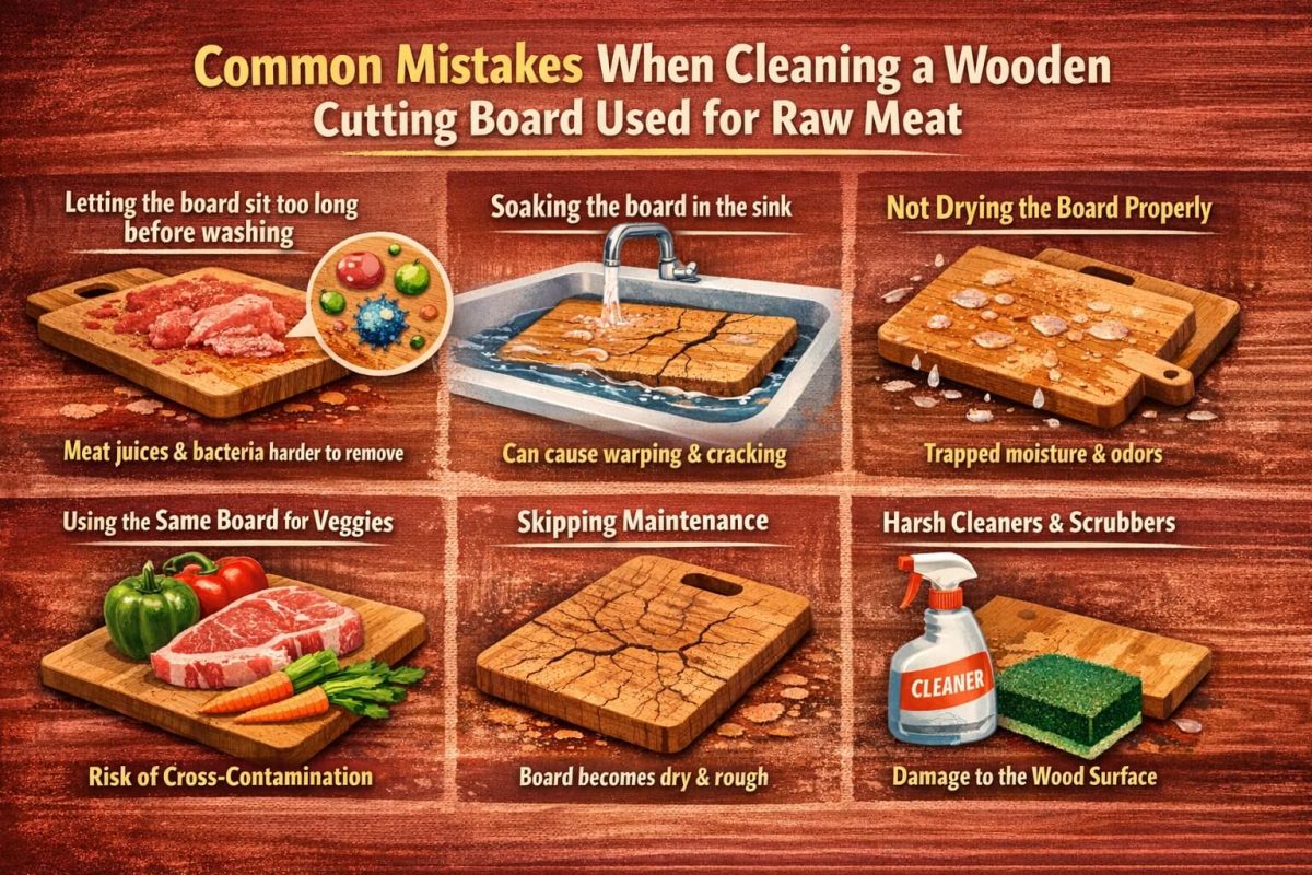 Wooden cutting board soaking in a sink and showing signs of damage