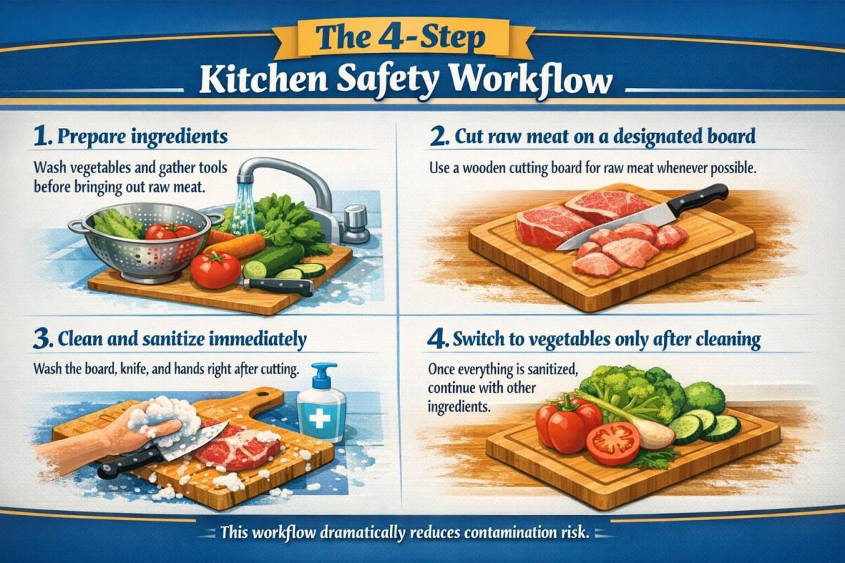Step-by-step kitchen workflow showing prepping vegetables, cutting meat, and cleaning.