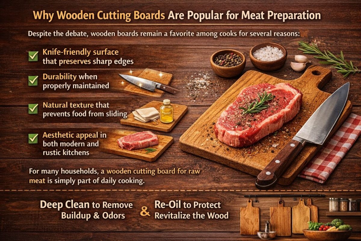 Wooden cutting board used for slicing meat with a sharp knife in a kitchen
