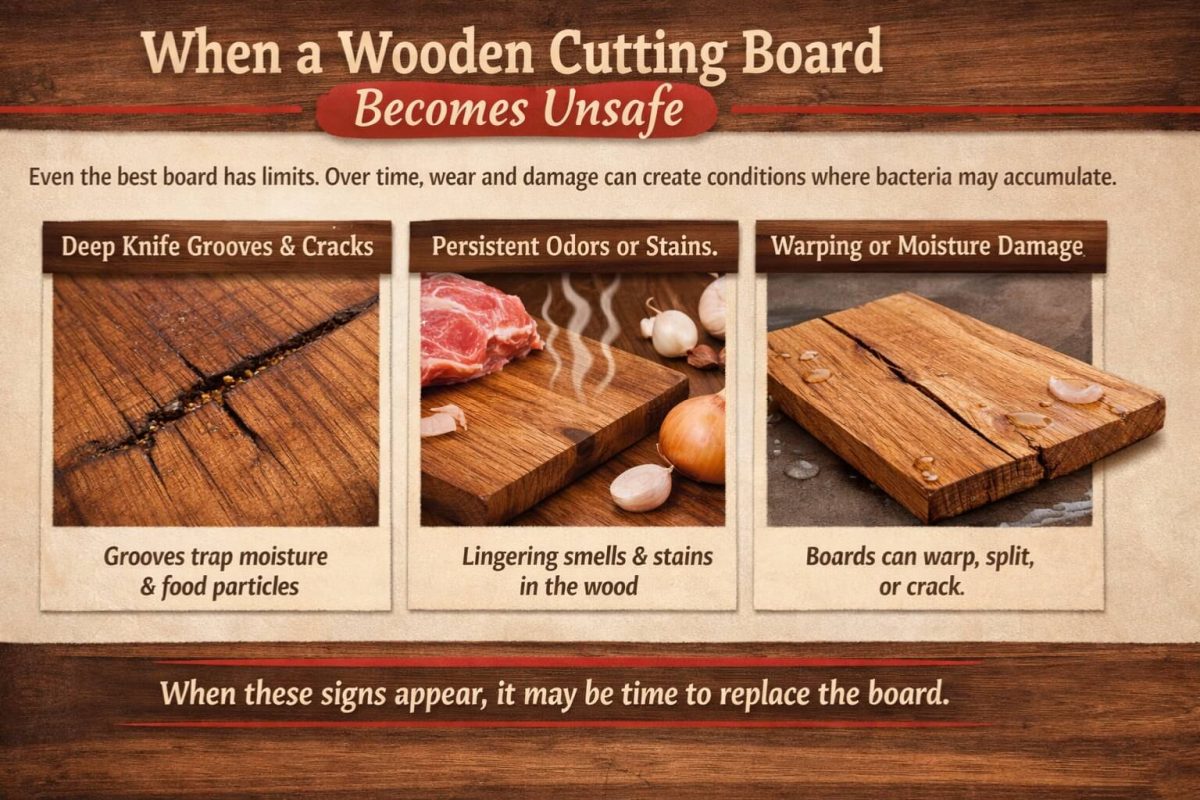 amaged wooden cutting board with deep cracks and visible wear
