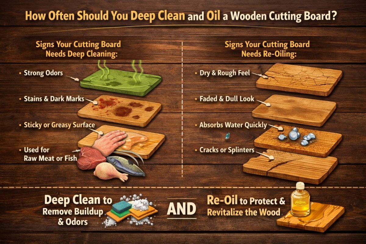 Wooden cutting board showing stains and dryness indicating need for deep cleaning
