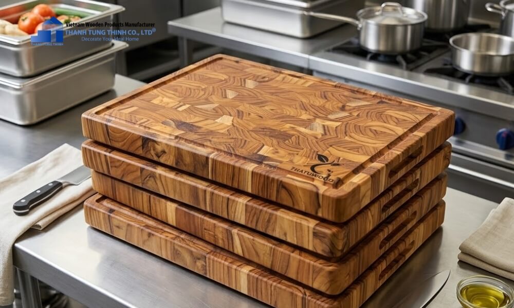 Stack of professional end-grain restaurant cutting boards