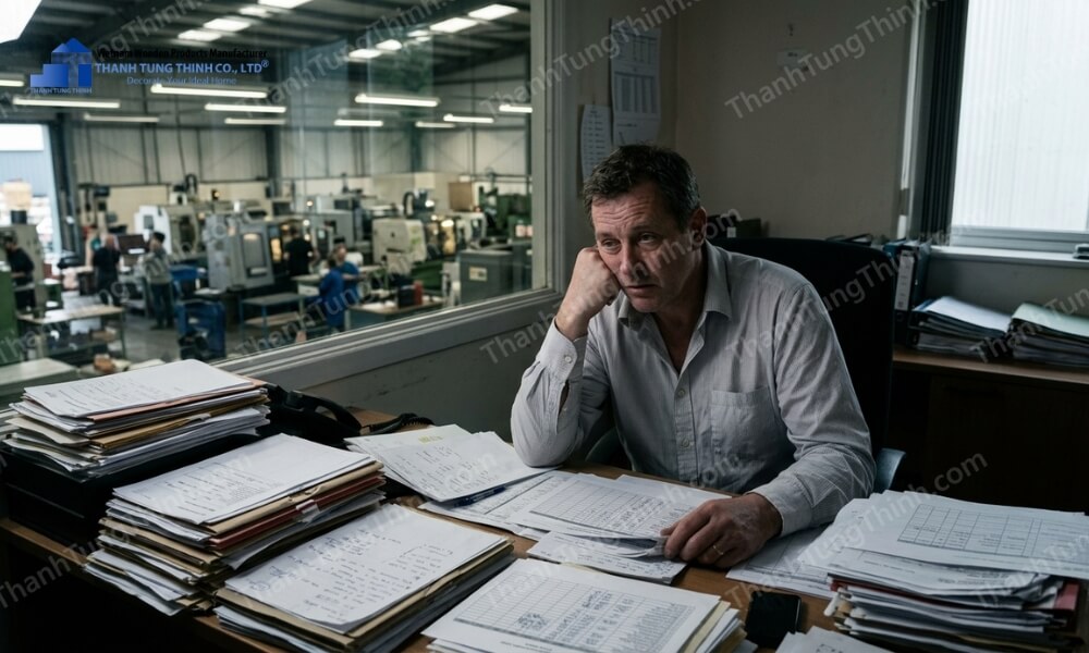 Manager reviewing factory files regarding Manufacturing Lead Time Issues