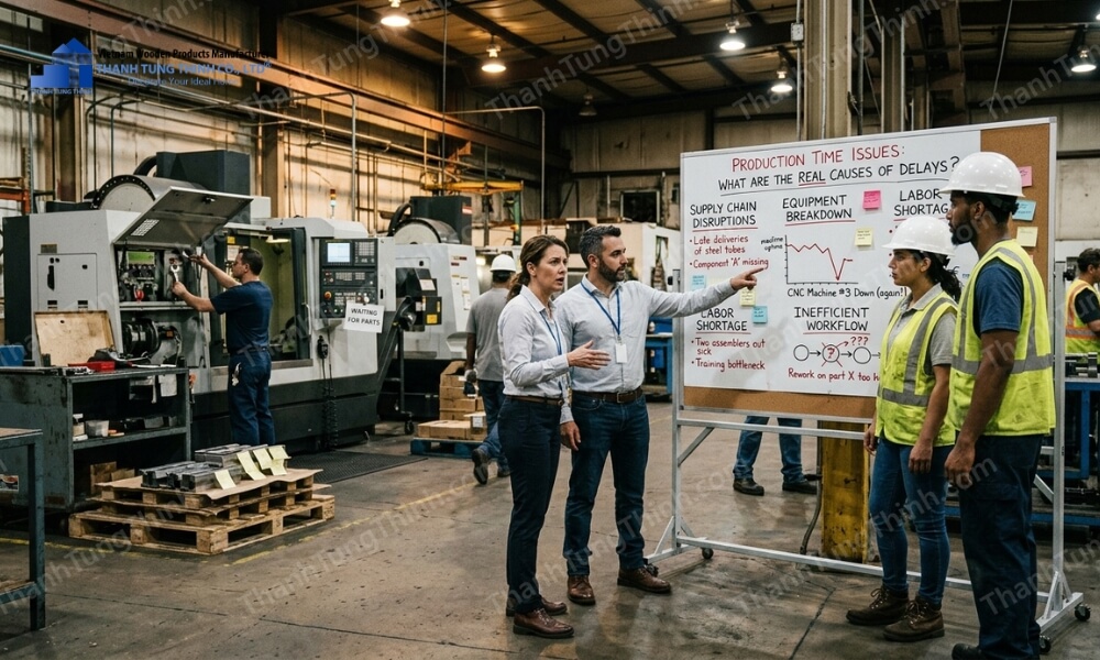 Team analyzing root causes of Manufacturing Lead Time Issues