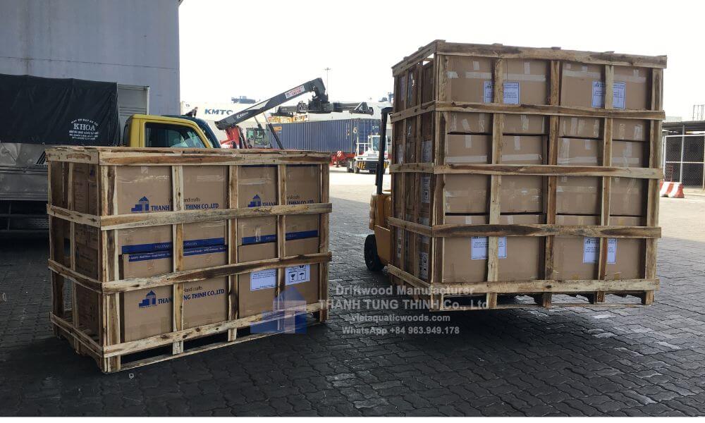 Wooden cutting boards packed in crates for export