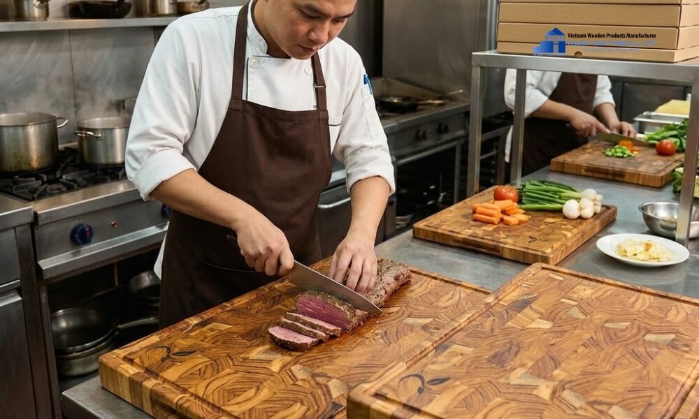 Chef slicing meat on professional wooden cutting board
