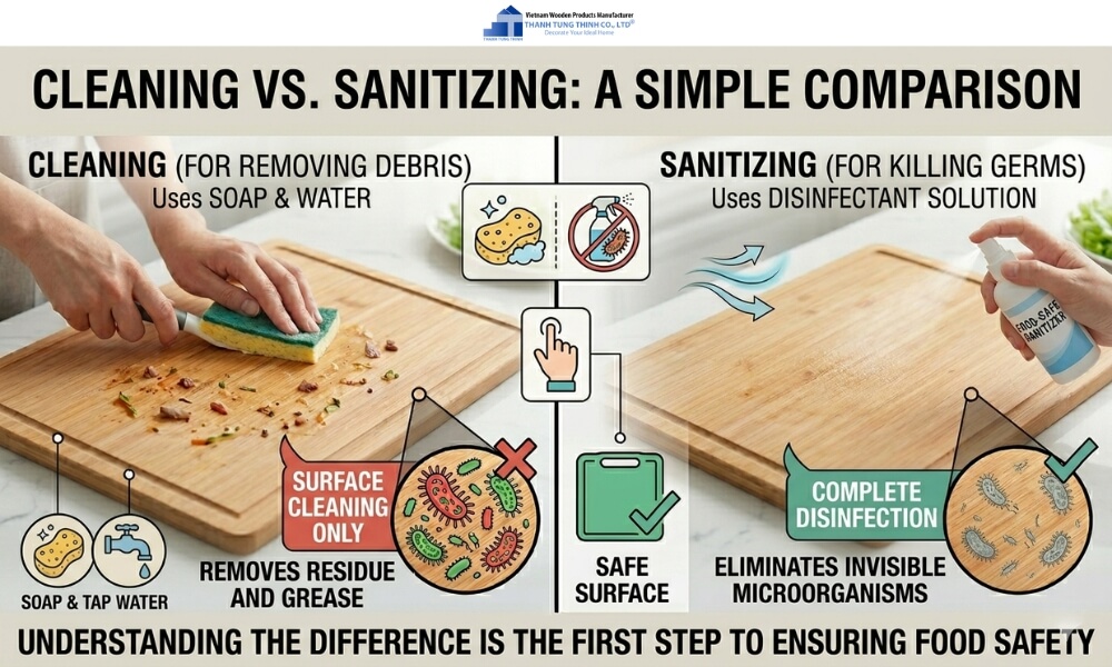 Comparison of cleaning and sanitizing a cutting board, showing visible dirt removal versus bacteria elimination