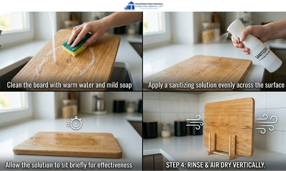 Step-by-step workflow for sanitizing a wooden cutting board to ensure hygiene and durability