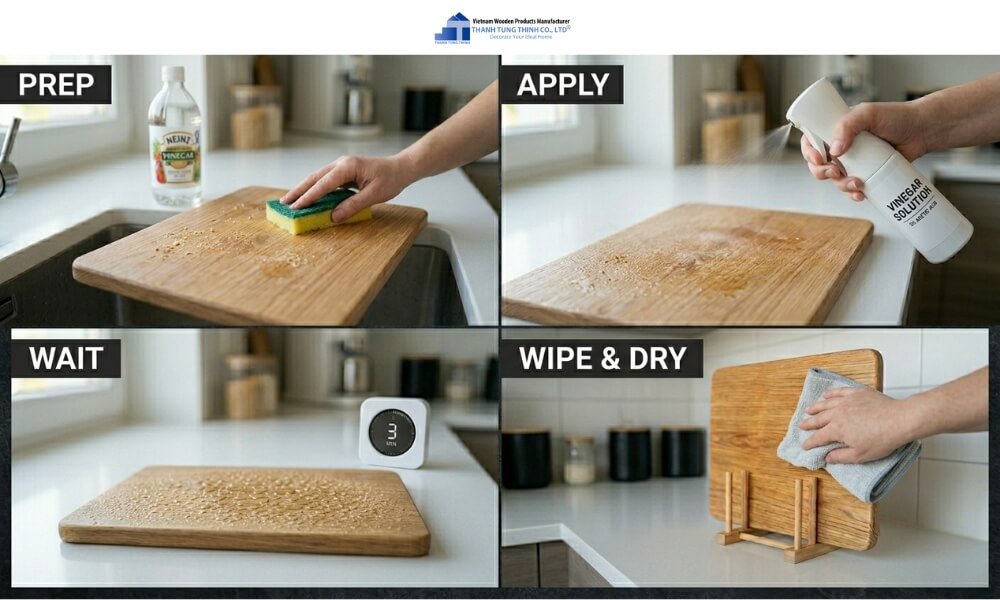 Bottle of vinegar on a kitchen counter used as a natural sanitizer for cleaning surfaces