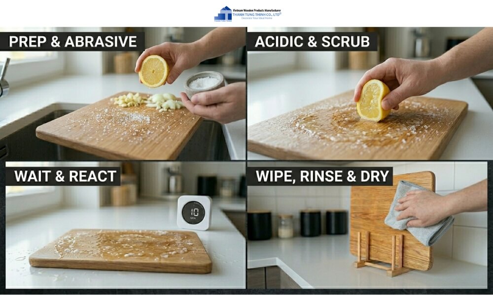 Fresh lemon and salt on a kitchen counter used as natural cleaning ingredients