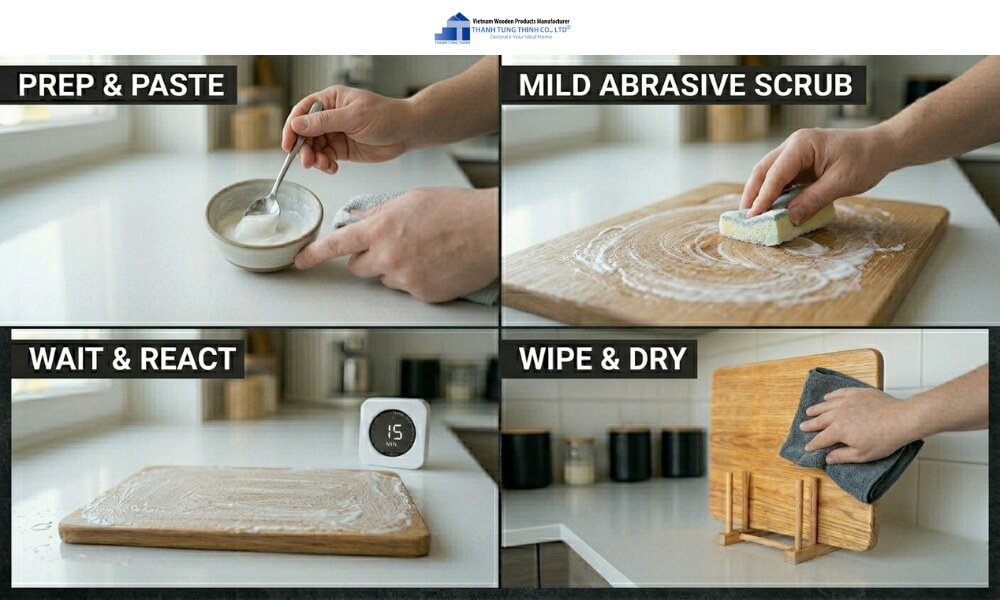Baking soda in a small bowl on a kitchen counter used for natural cleaning