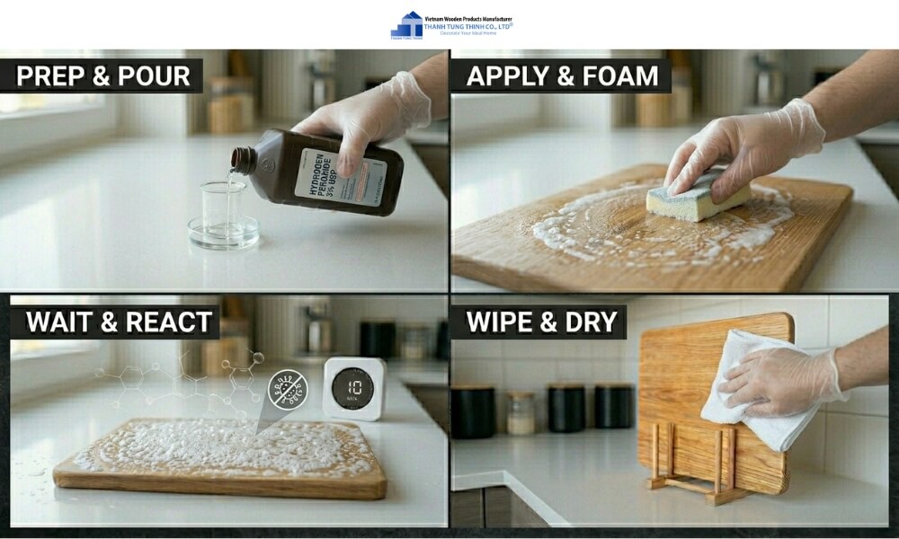 Bottle of hydrogen peroxide on a kitchen counter used for food-safe disinfection