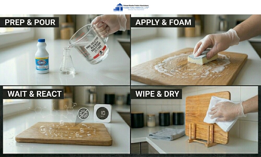 Diluted bleach solution in a container prepared for disinfecting a cutting board