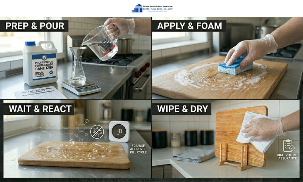 Commercial food-grade sanitizer bottles on a professional kitchen counter